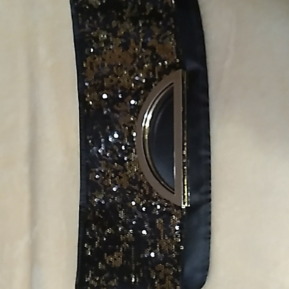 Black Satin Handbag/Clutch With Golden Sequin Golden Hardware - Picture 1 of 6